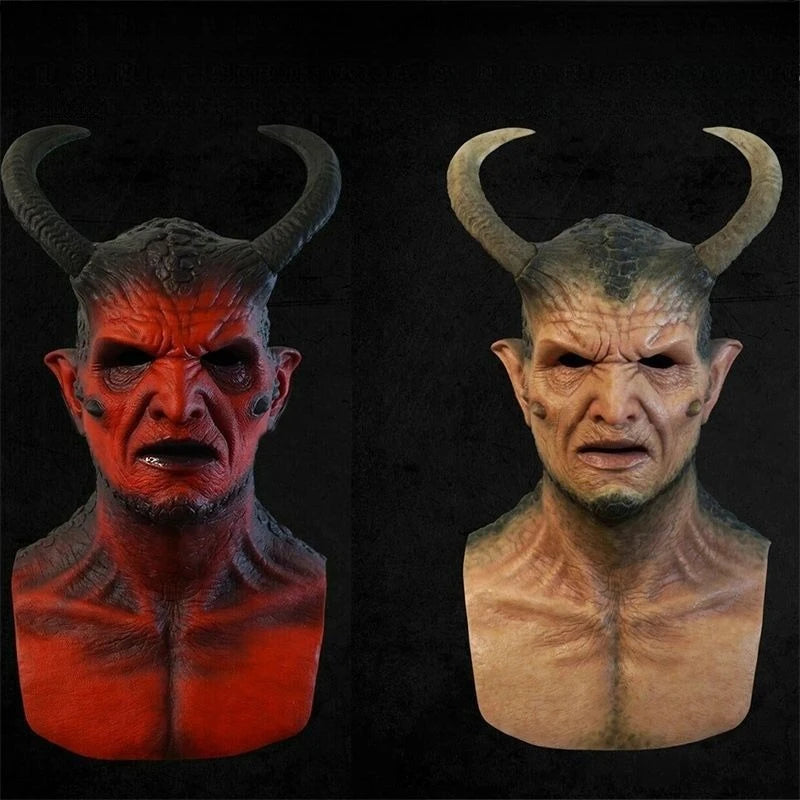 Máscara de Látex de Cabeza Completa de Diablo en Tonos Rojo y Piel, Accesorio para Disfraces de Halloween, Carnaval, Juego de Roles y Temática de Terror para Adultos
