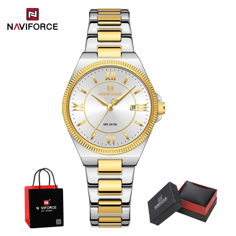 NAVIFORCE Women's Casual Stainless Steel Watch 3ATM Waterproof Date Display Classic Casual Daily Wristwatch Reloj Mujer Gift Box