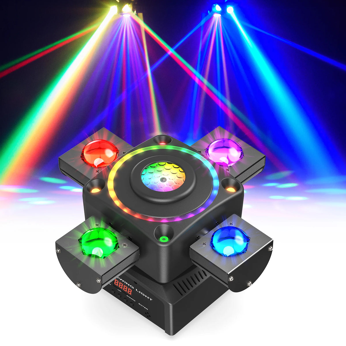 Luz de escenario U'King 90W Moving Head Beam DMX512 de cuatro brazos giratorios RGBW 4 en 1 LED con efecto láser para fiestas, bares, DJ y discotecas