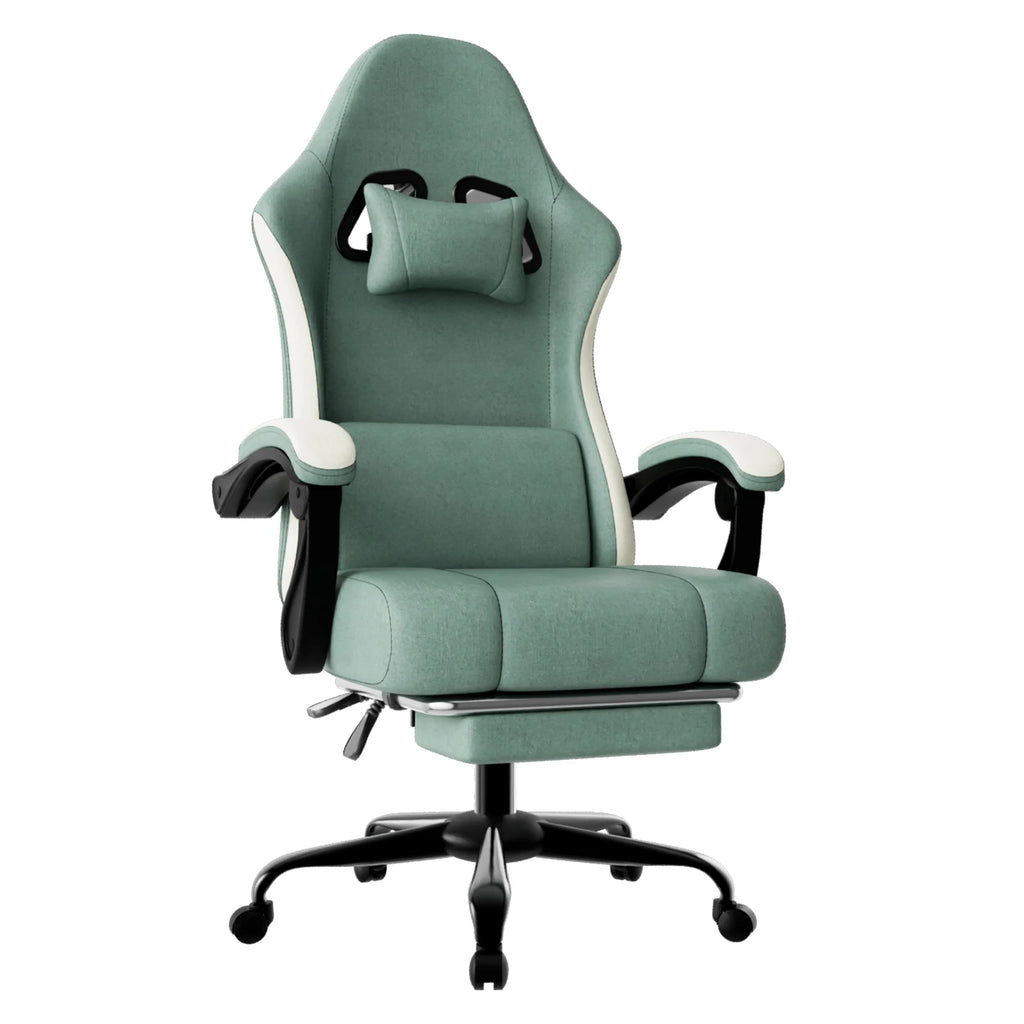 Silla de gaming ergonómica verde con reposacabezas, almohadilla lumbar y brazos acolchados