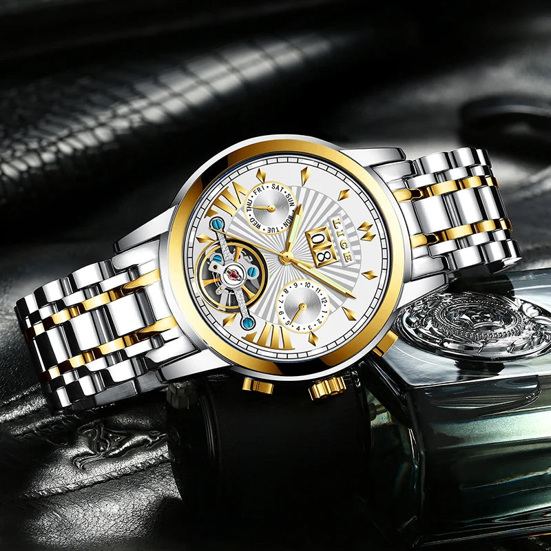 Reloj de pulsera mecánico automático LIGE 2026 para hombre, reloj de lujo de marca superior con tourbillon, reloj de moda para hombre, resistente al agua para negocios