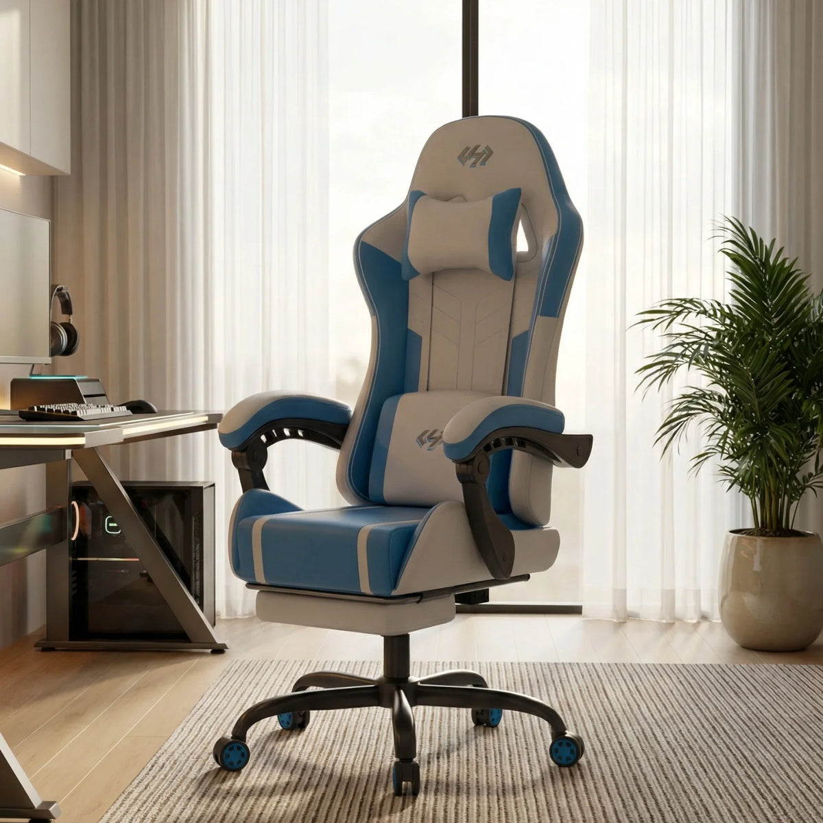 Silla gamer ergonómica con respaldo alto y reposacabezas ajustable, azul y negro