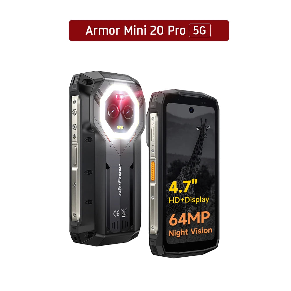 Ulefone Armor Mini 20 Pro Teléfono resistente de 4,7" Smartphone 5G Android 14 6200mAh 16GB(8+8) 256GB 64MP Visión nocturna Carga rápida de 33W