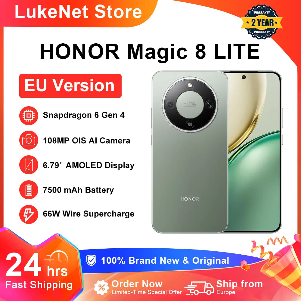 Smartphone HONOR Magic 8 Lite versión UE 5G, Snapdragon 6 Gen4, resistencia a caídas de 2,5 m, resistencia al polvo IP69K, 7500 mAh, 108 MP, OIS, IA, eSIM