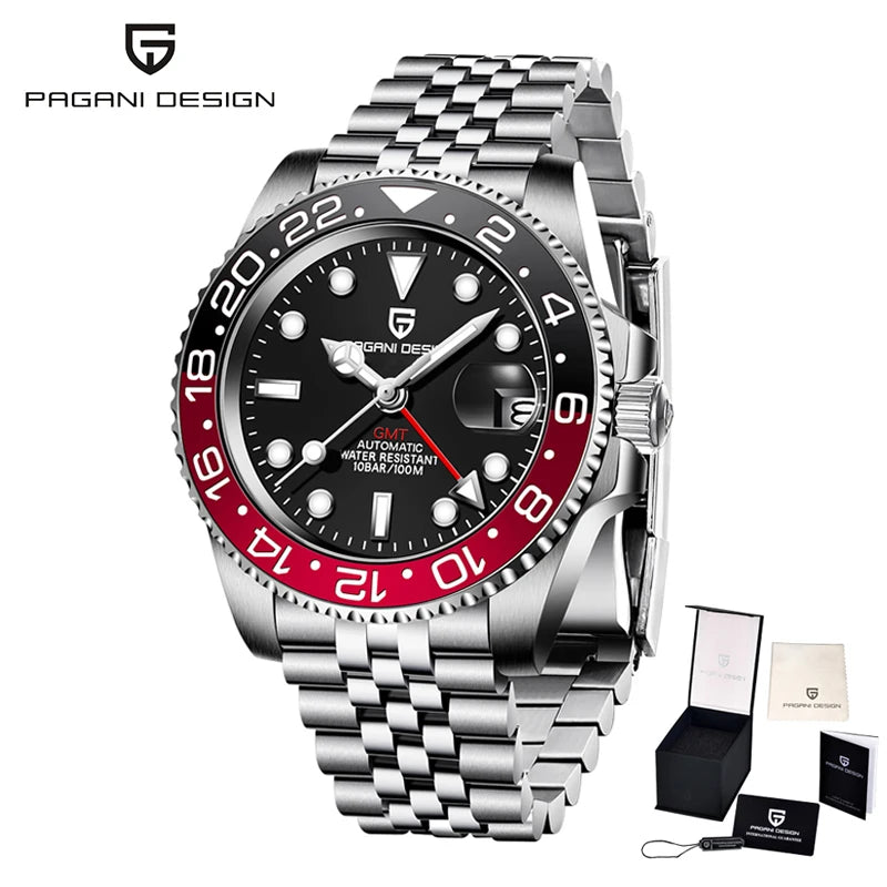 PAGANI DESIGN 40mm Reloj mecánico de lujo para hombre, reloj GMT de acero inoxidable, marca de alta gama, cristal de zafiro, relojes para hombre