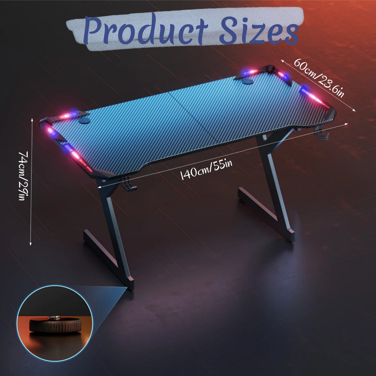 Escritorio gamer en Y de 140 cm con luces RGB en el borde y base triangular