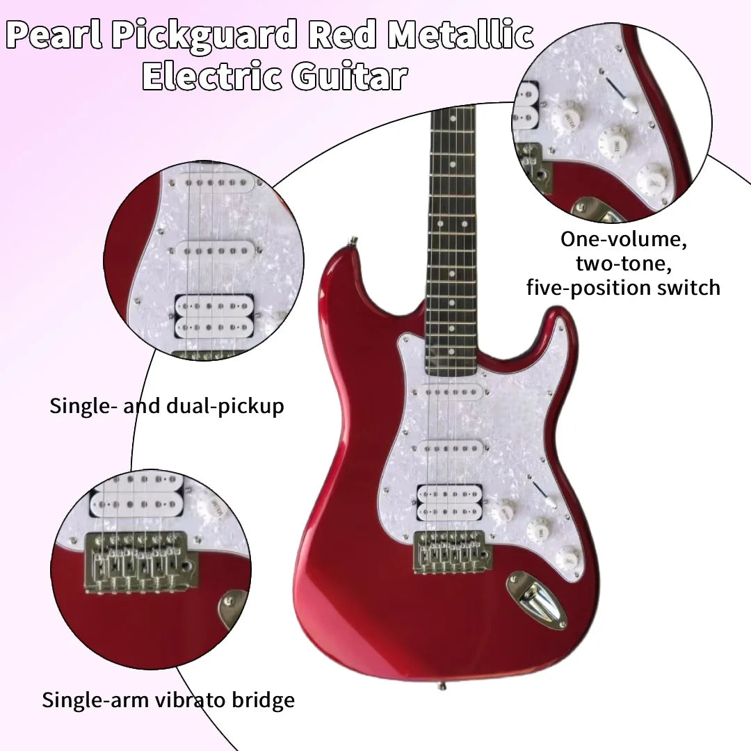 Guitarra Eléctrica de Alta Gama con Pastillas de Bobina Simple, Pickguard Blanco Perla Mejorado y Juego Completo de Accesorios en Rojo Metálico
