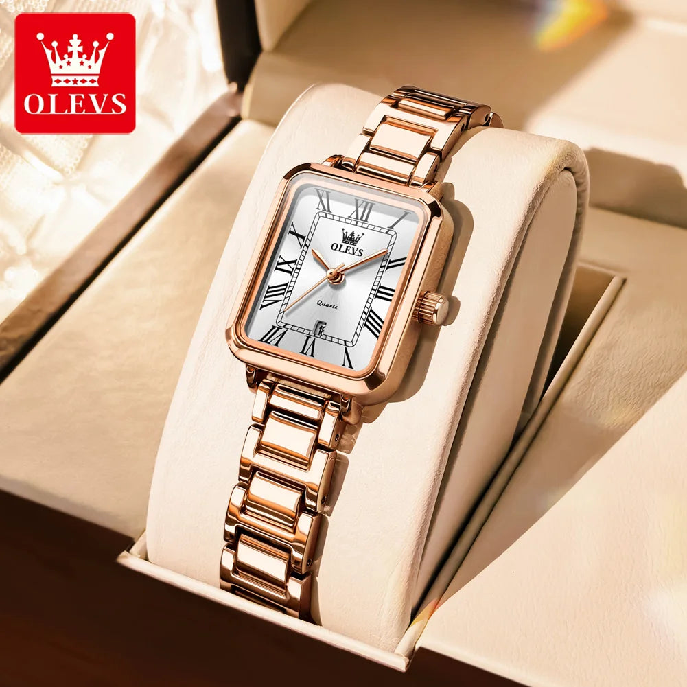 Reloj de pulsera para mujer OLEVS, elegante reloj retro cuadrado para dama, automático con fecha, resistente al agua, correa de acero en oro rosa, reloj de cuarzo original 5641