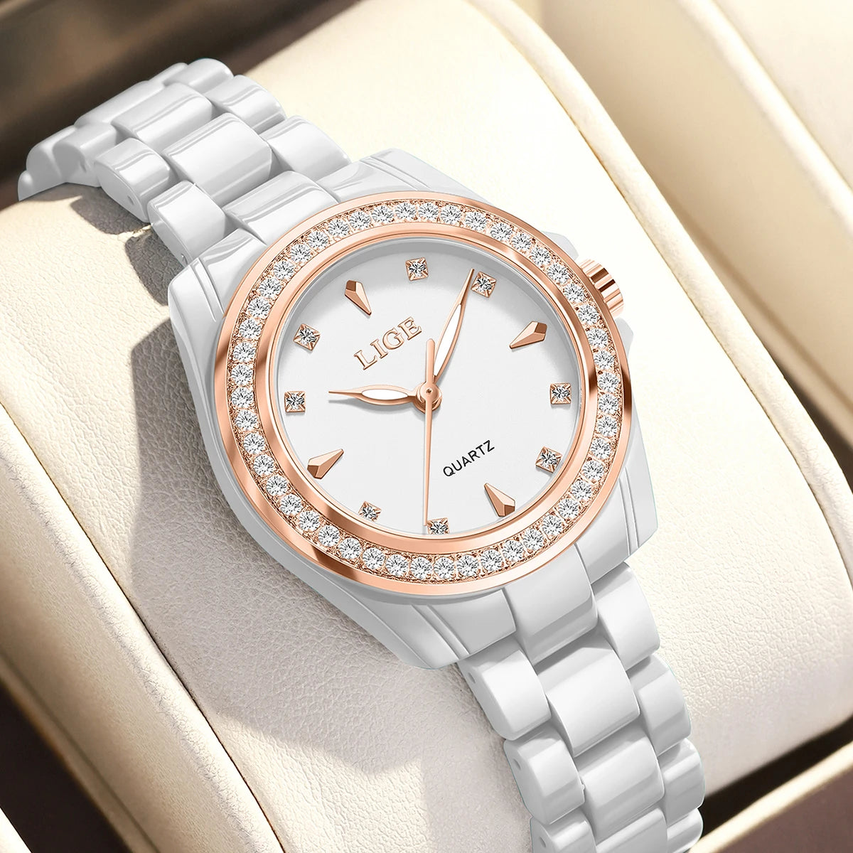 Reloj LIGE para mujer 2026, nuevo reloj de cuarzo elegante de cerámica, reloj de pulsera impermeable y luminoso para mujer, Montre Femme + CAJA