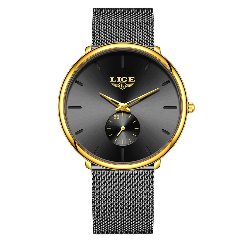 Reloj de cuarzo de lujo para hombre, marca LIGE, diseño moderno, informal, ultrafino, con malla de acero, resistente al agua, deportivo.