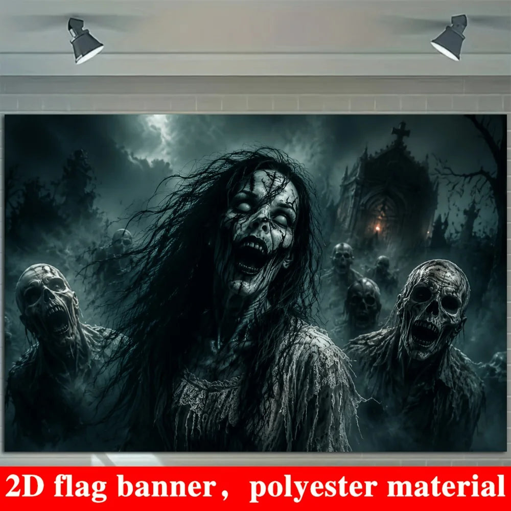 Fondo con temática de zombis de Halloween, adecuado para fiestas temáticas, escenarios de escape room, decoraciones de estudio y reuniones al aire libre.