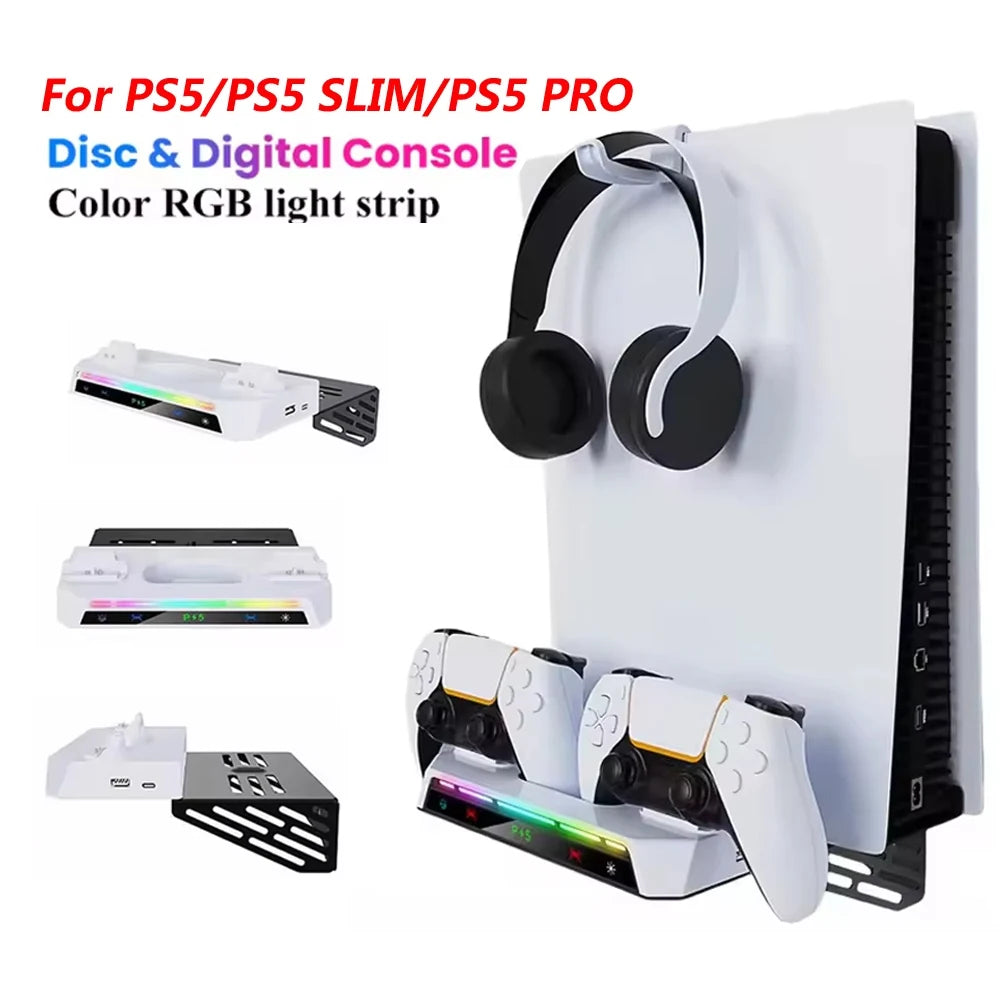 Wall Mount Kit with RGB Light For PS5/ Pro/ Slim Console Dual Controller Charging Station Headset Hanger For PS5 Accessories