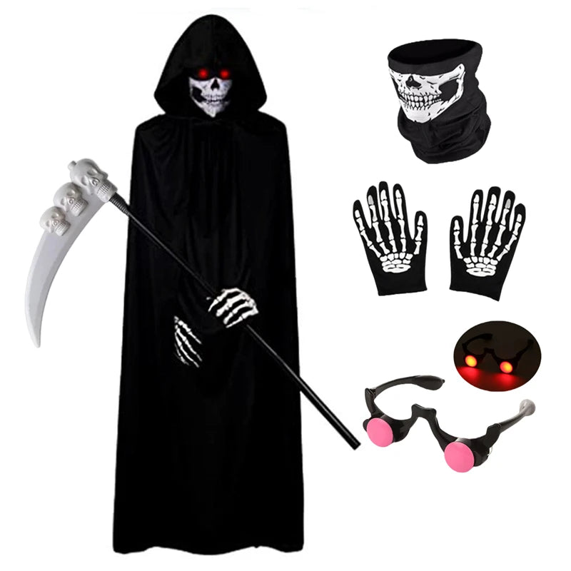 Disfraz de miedo de Halloween, disfraz de Grim Reaper para niños, disfraz con ojos rojos brillantes y máscara de guantes