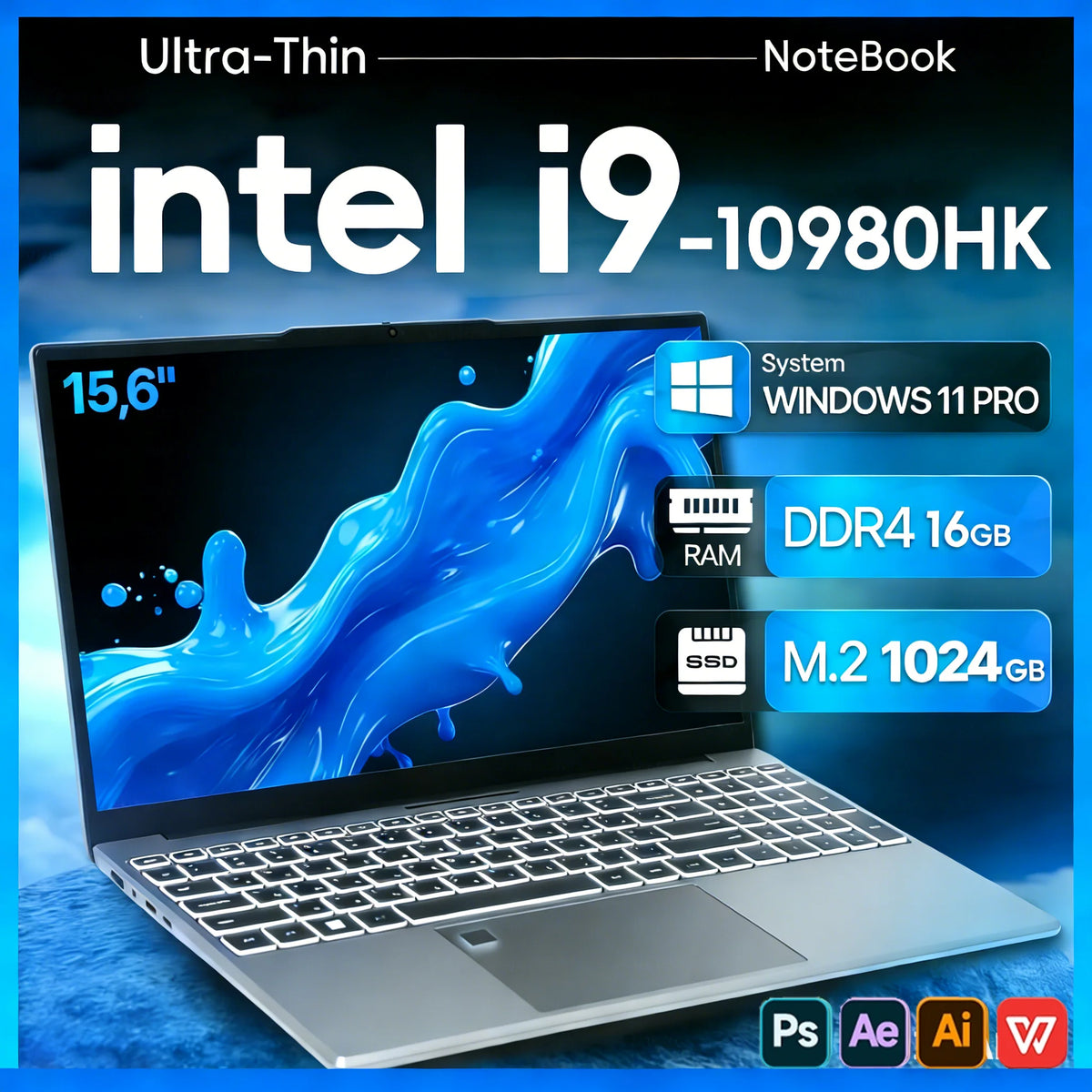 Portátil Windows 11 Intel Core I9-10980HK 15.6 Pulgadas 16GB RAM 1TB SSD Ordenador Portátil de Oficina con Desbloqueo por Huella Dactilar
