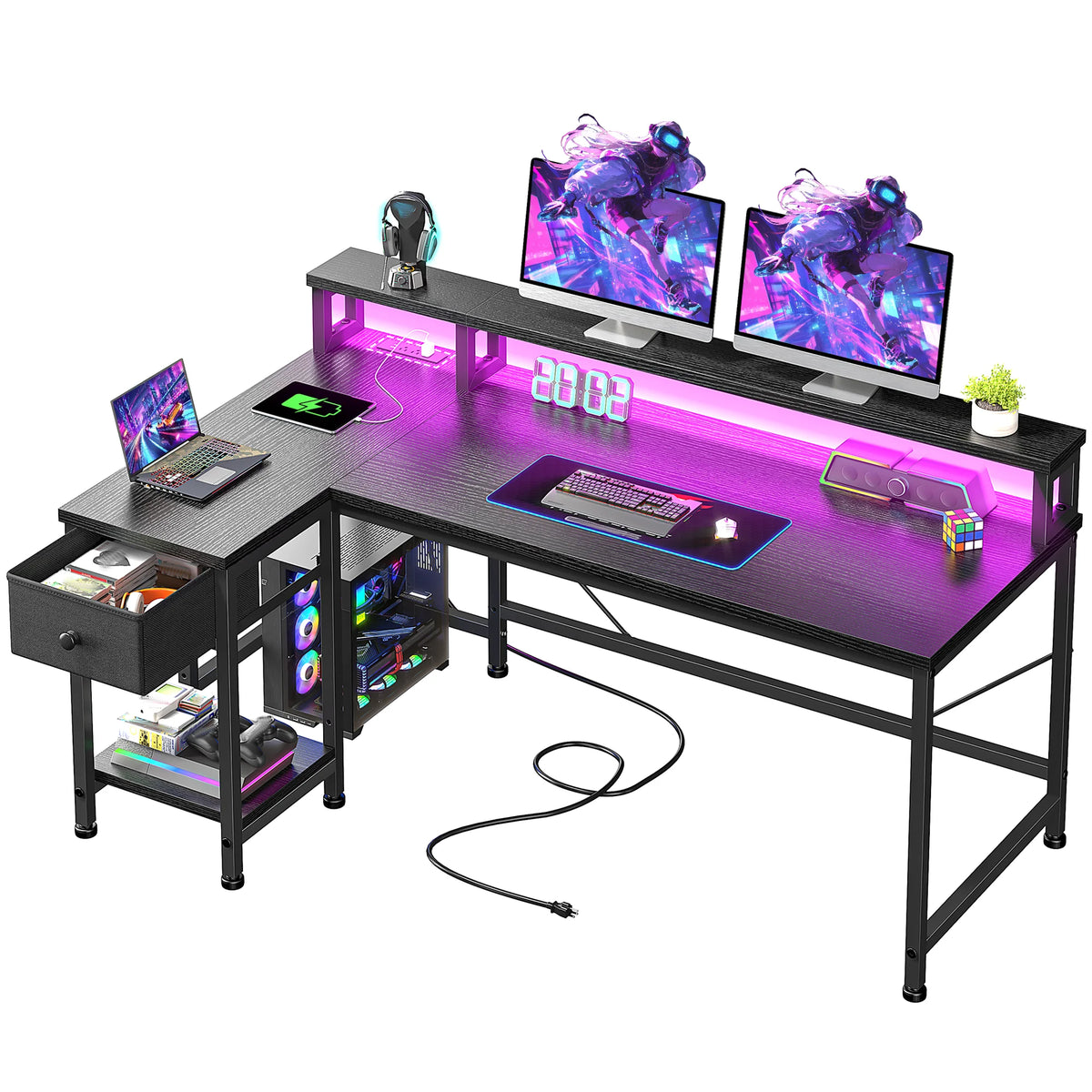 Escritorio en L negro con soporte para monitor, cajón y luces LED en la superficie