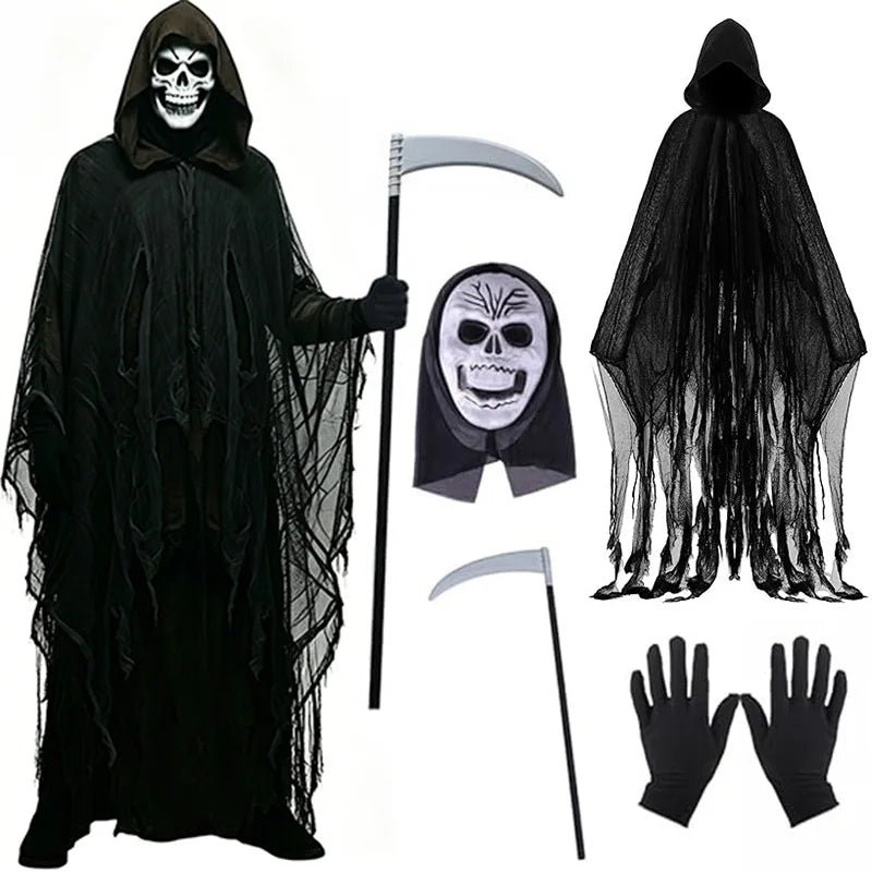 Horror Grim Reaper Costume Set Adult Halloween Ghost Dementors Cosplay Hooded Cloak with Mask Glovs for Day of The Dead Party