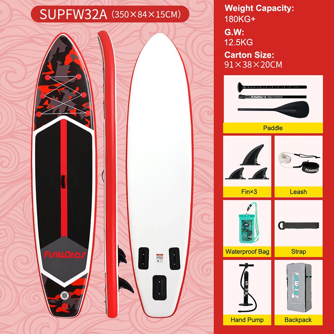 Tabla de SUP Inflable Funwater 335/350cm, Tecnología de Sellado Térmico, Kit Completo de Accesorios, Pala de Doble Punta, Stock Local en la UE