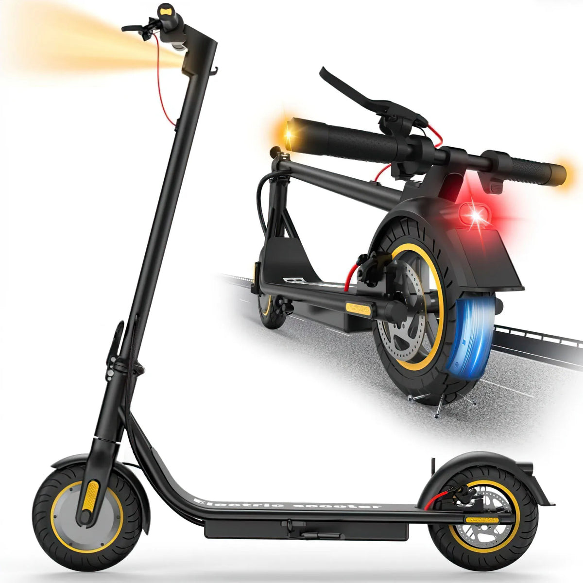 Patinete eléctrico plegable negro para adultos, vista lateral con rueda delantera y luces