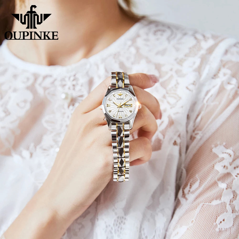 OUPINKE 3169 Reloj mecánico automático de lujo, elegante y moderno para mujer, con calendario de día y fecha, resistente al agua, regalo original