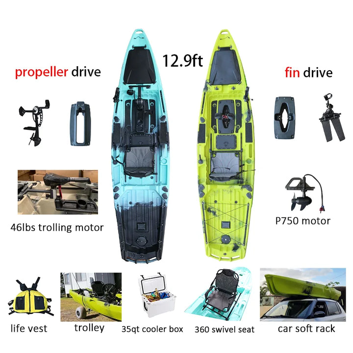 Kayak Factory - Kayak de 13 pies con Pedales Dobles de Rotomoldeo, Motor Eléctrico para Pesca, Timón Plegable y Asiento con Altura Ajustable