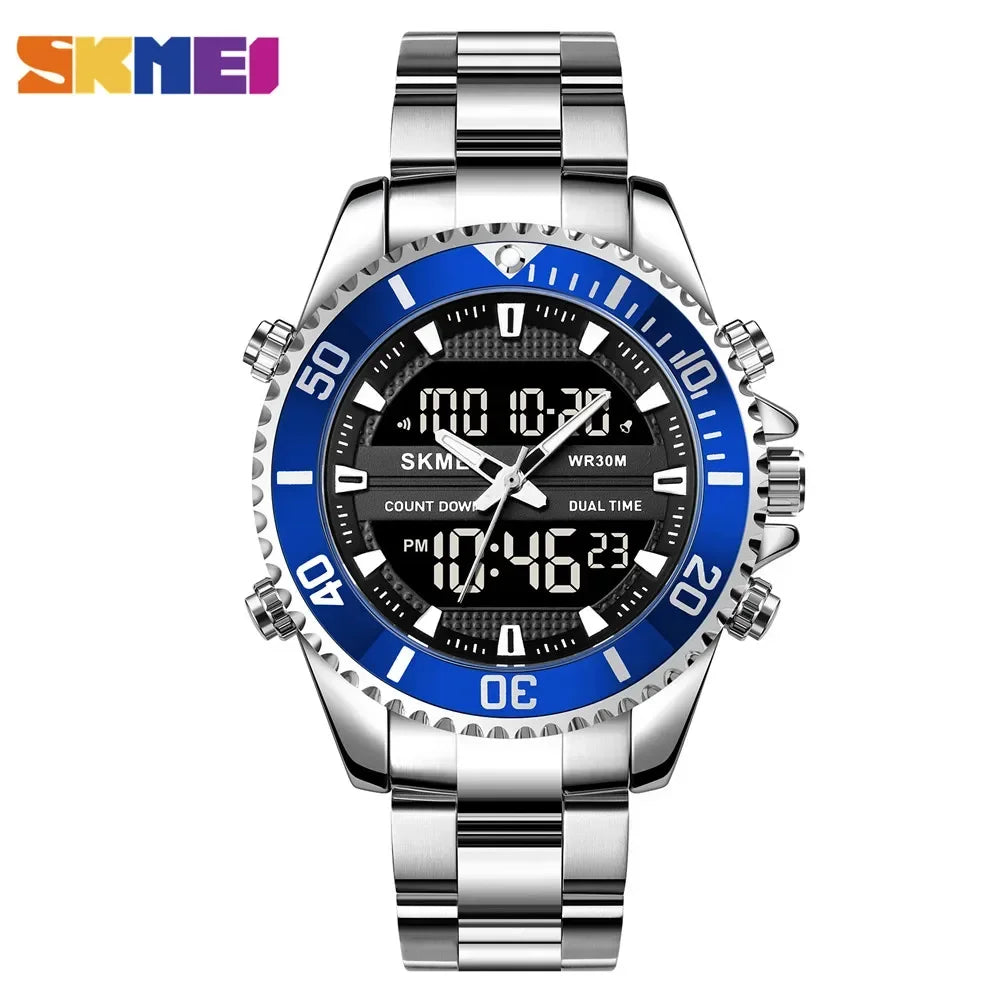 Reloj SKMEI con alarma para hombre, resistente al agua, de acero inoxidable, con doble pantalla, reloj digital de moda para caballero, modelo 1850