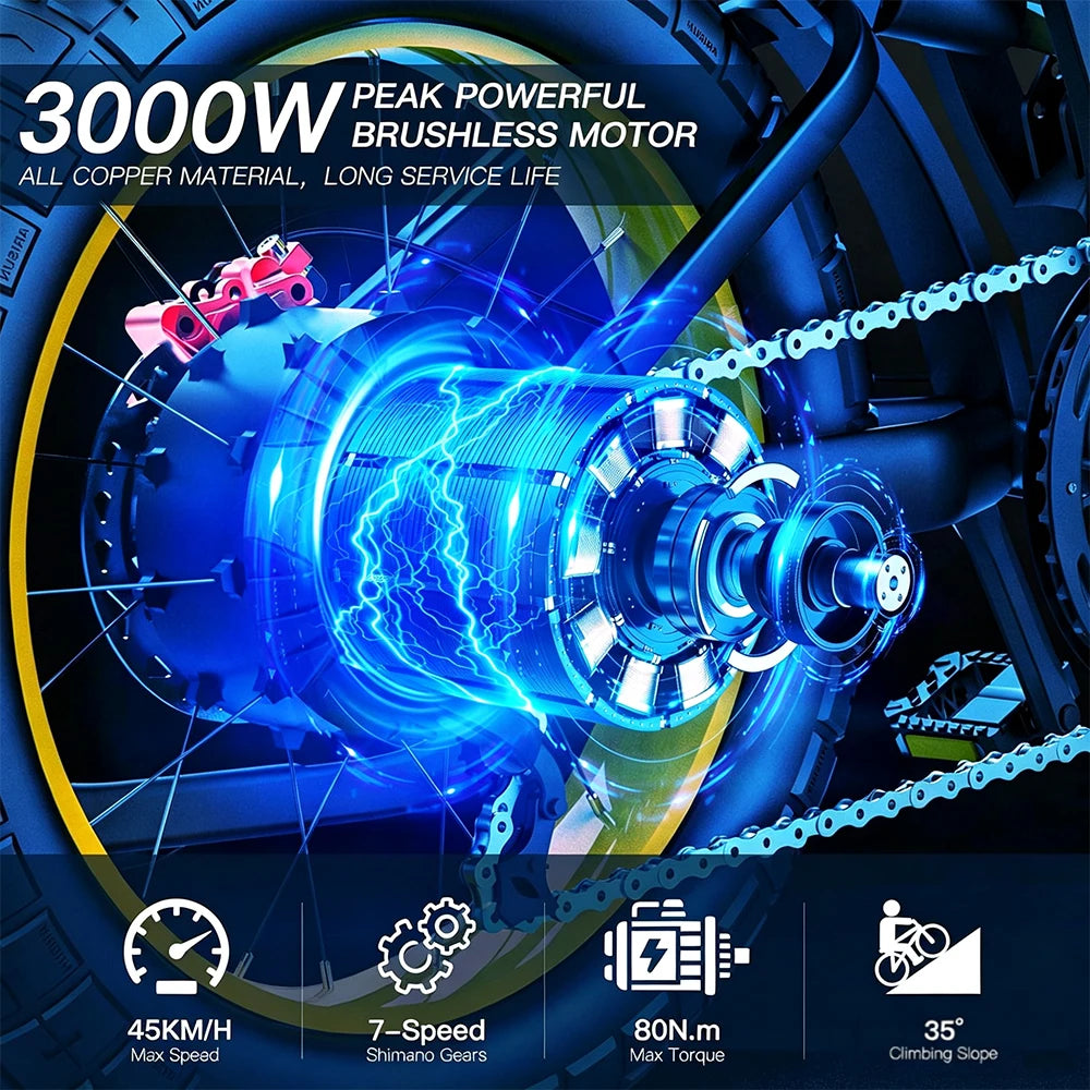 COSWHEEL GT20 Electric Bike 3000W Motor 48V 25AH lithium battery Adult Electric Bicycle 20*4.0 -In Fat fire Mountain E-Bike