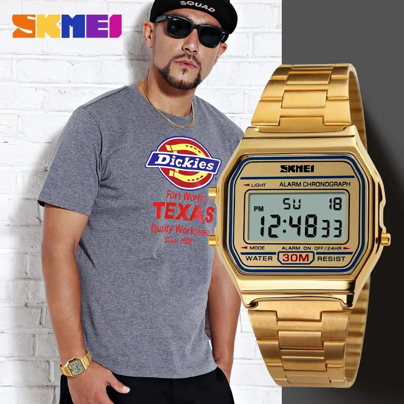 SKMEI 1123 Reloj deportivo digital retro de lujo para hombre, reloj de pulsera de acero inoxidable resistente al agua, reloj de acero 1328 Reloj Hombre