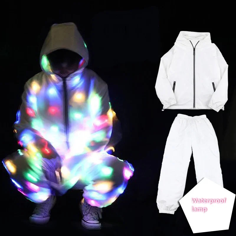 Luces Led, ropa impermeable, chaqueta de traje de baile, ropa luminosa para Cosplay, disfraz de Halloween, ropa de fiesta, bolsillo con cremallera