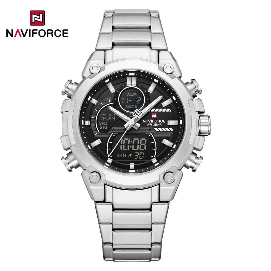 Nuevo reloj para hombre NAVIFORCE, resistente al agua, con cuenta regresiva, deportes, doble pantalla, reloj de pulsera de cuarzo, LCD, luminoso, alarma y reloj digital.