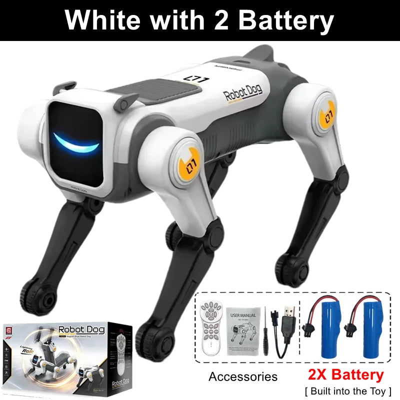 Perro robot RC blanco con 2 baterías incluidas y luz LED azul, patas articuladas.