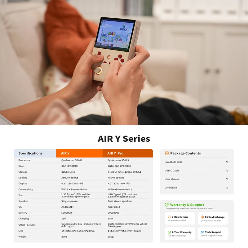 Consola de juegos portátil MANGMI AIR serie Y, pantalla completa IPS de 4,2 pulgadas y 4:3, consola de juegos retro portátil Android 14 de alto rendimiento con refrigeración activa