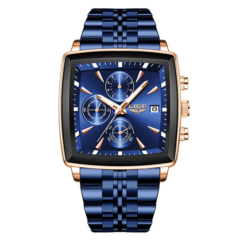 Relojes de lujo LIGE para hombre, esfera cuadrada, acero inoxidable, resistente al agua, luminoso, fecha automática, cronógrafo, reloj de cuarzo para hombre + caja