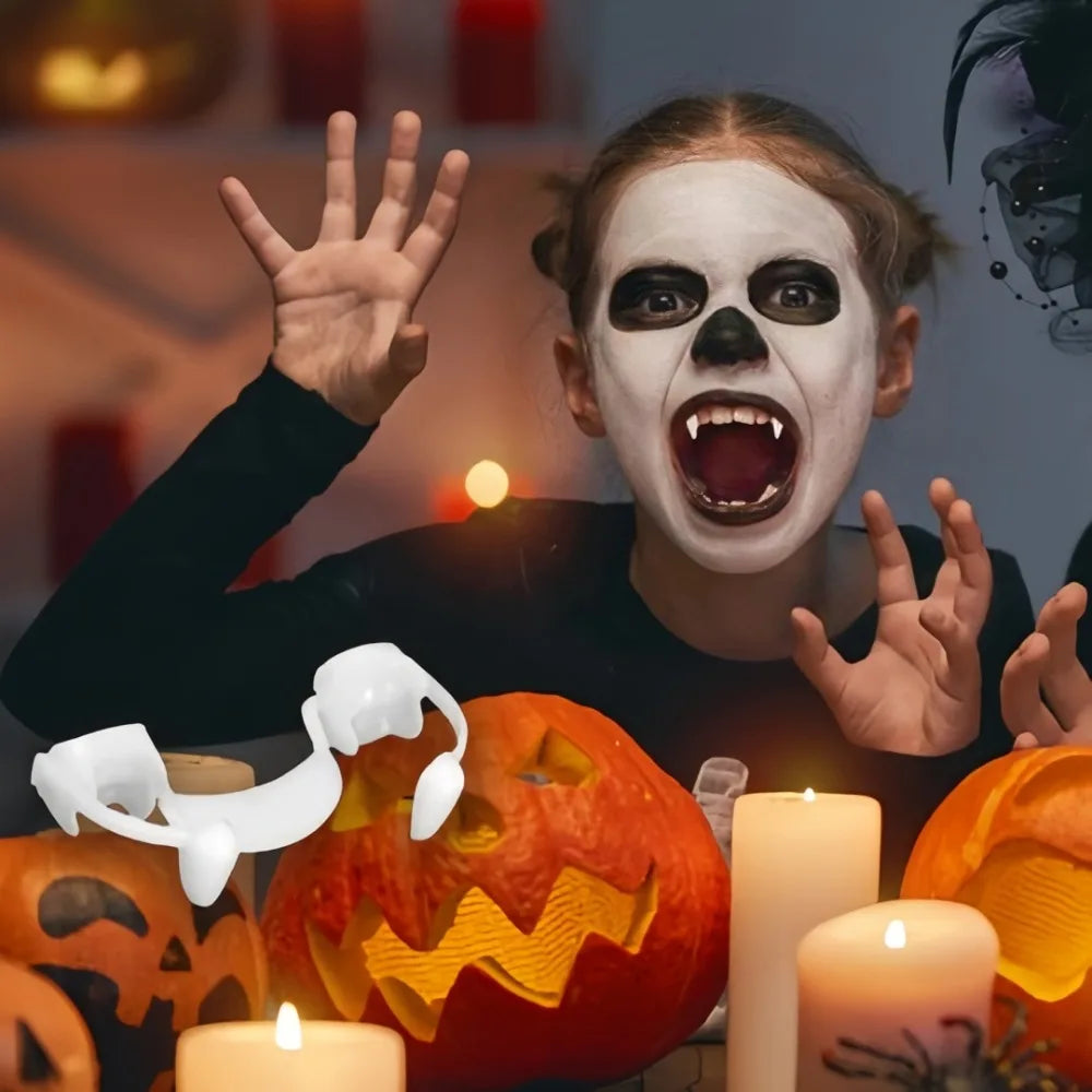 Dientes de vampiro de plástico para Halloween, accesorios de disfraces de Halloween, dientes de zombi retráctiles, colmillos de vampiro, decoración para fiestas temáticas.