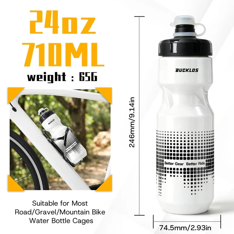 Botella de agua para bicicleta BUCKLOS de 710 ml, sin BPA, botella deportiva con sistema de apertura por compresión, a prueba de polvo y fugas, ideal para bicicletas de carretera y de montaña.