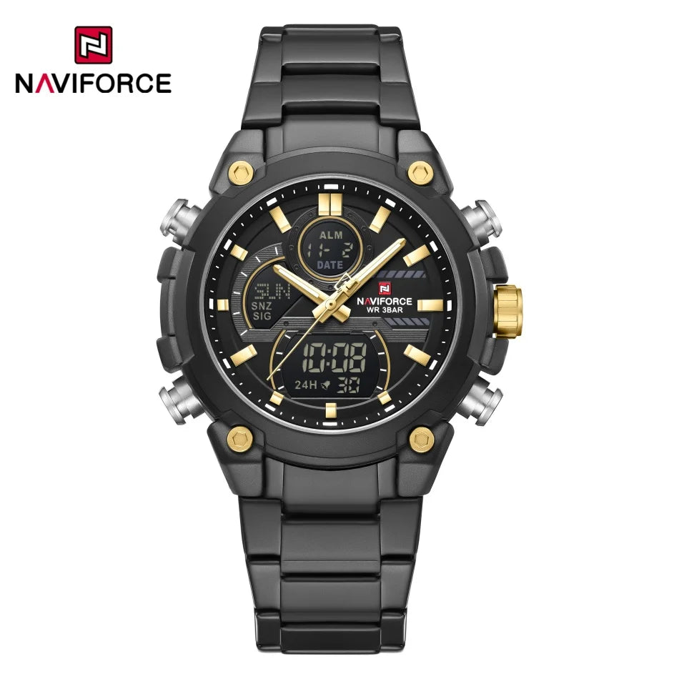 Nuevo reloj para hombre NAVIFORCE, resistente al agua, con cuenta regresiva, deportes, doble pantalla, reloj de pulsera de cuarzo, LCD, luminoso, alarma y reloj digital.