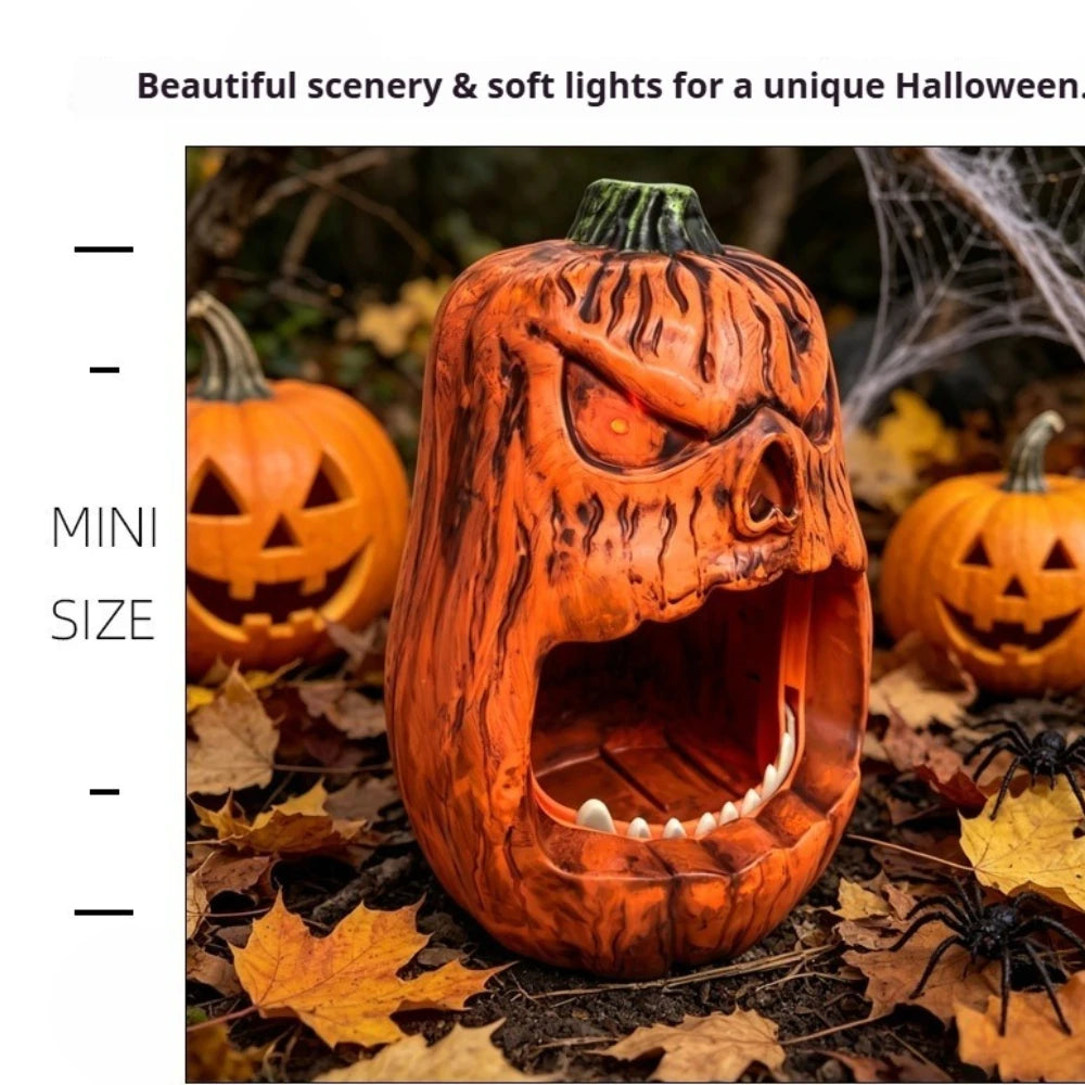 Caja de almacenamiento de dulces de calabaza con cara de calavera de Halloween, adornos de calabaza luminosos activados por voz, decoraciones navideñas, cumpleaños
