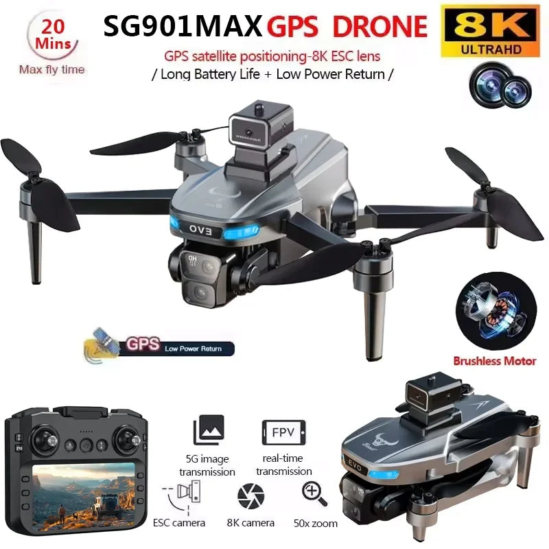 Dron GPS plegable gris con cámara dual y hélices negras, diseño compacto y robusto