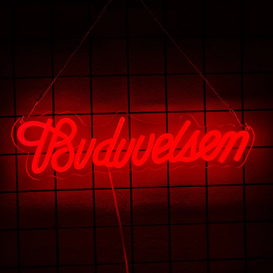 Señal de neón LED Budweiser en rojo, letras curvas colgantes