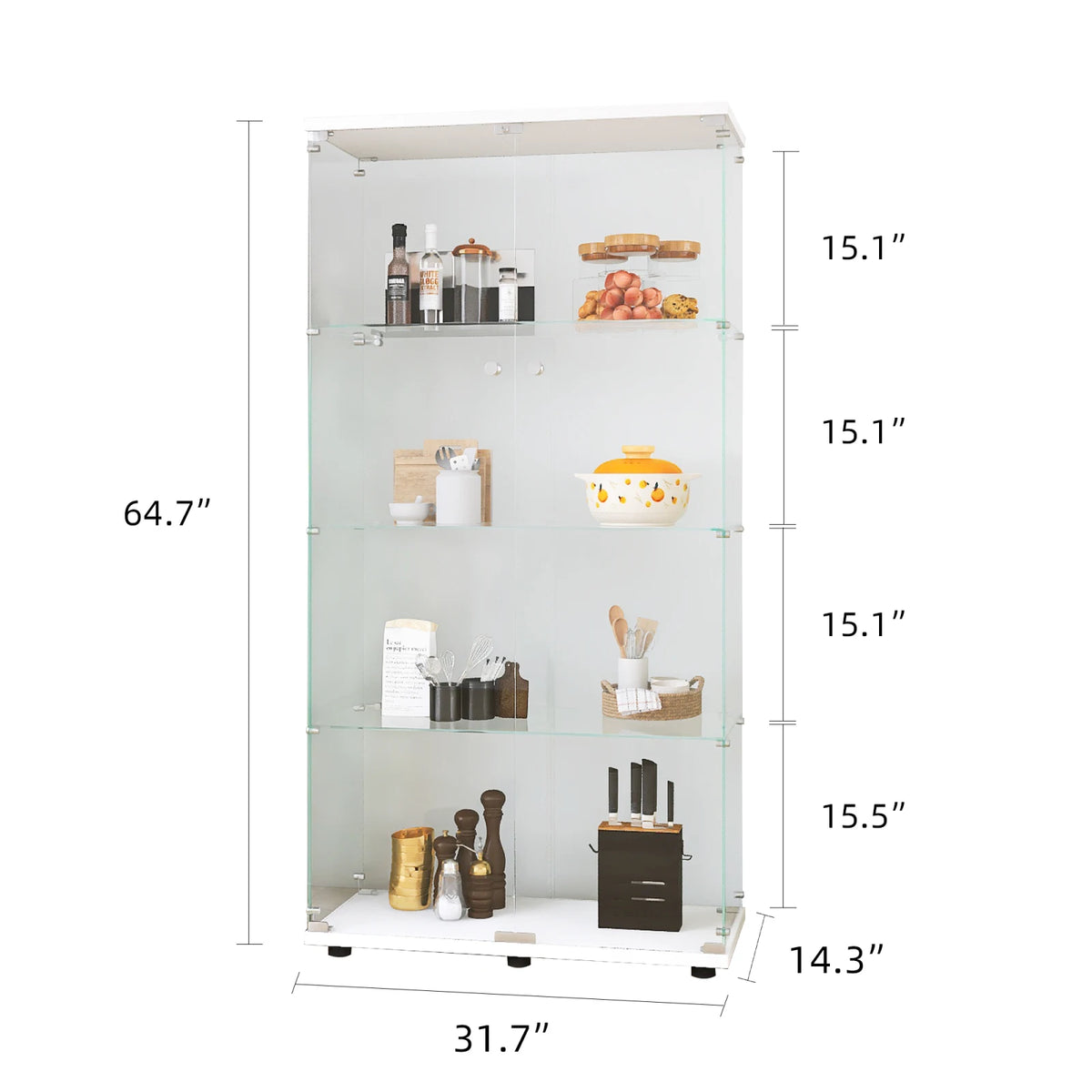Vitrina de cristal con LED, expositor de pie de 4 niveles, vitrina para salón, dormitorio, recibidor, blanco/negro