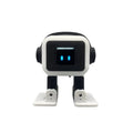 Robot compañero negro y blanco con pantalla azul y patas con soporte