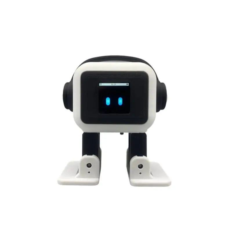 Robot compañero negro y blanco con pantalla azul y patas con soporte