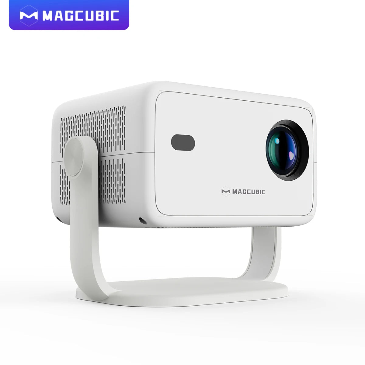 Proyector portátil blanco Magcubic de perfil, con soporte y rejillas laterales