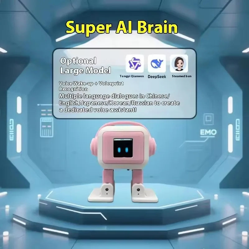 Robot mascota de juguete rosa con pantalla frontal y base con dos patas