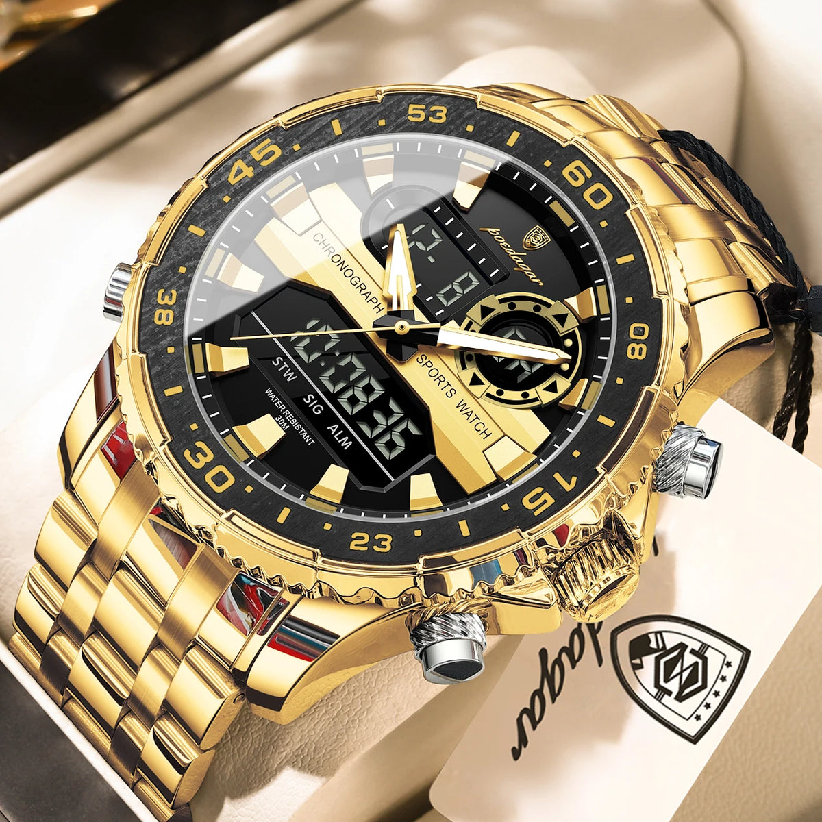 Reloj de lujo para hombre POEDAGAR con LED superior, resistente al agua, electrónico, con doble visualización de hora, digital, de cuarzo y acero inoxidable