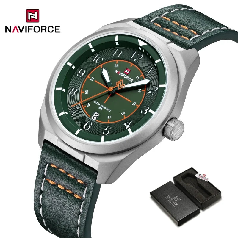 Reloj de pulsera NAVIFORCE para hombre, de cuarzo, elegante, con fecha automática, resistente al agua, de cuero genuino, para negocios, diseño único.