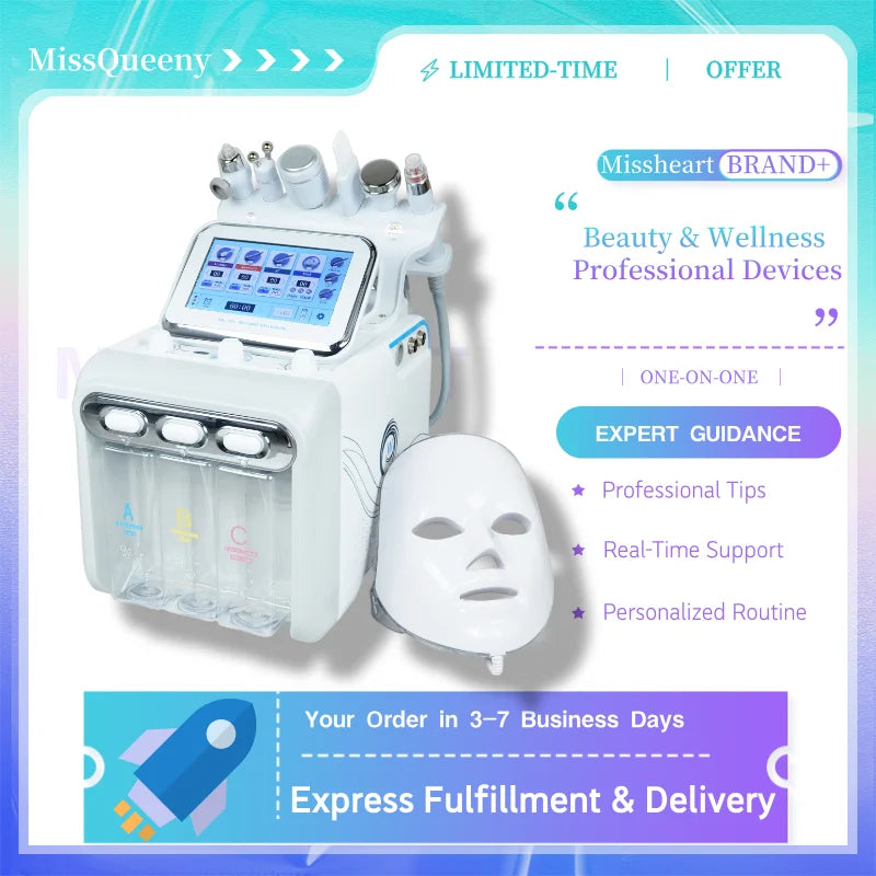 Máquina de Rejuvenecimiento Facial Miss Queeny H2O2 Small Bubble 7 en 1 con Máscara LED, Envío Rápido