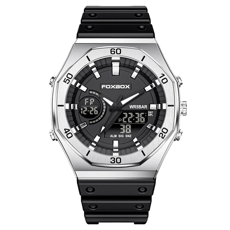 FOXBOX New Dual display Watches For Men Casual Sports Chronograph Quartz Big Dial Wrist Watch Silicone Waterproof Digital Clock