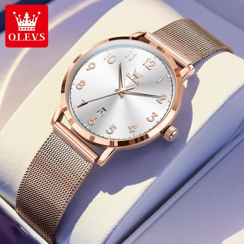 Reloj para mujer OLEVS 5653 con correa de malla, cronógrafo de cuarzo original, fecha, resistente al agua y luminoso.