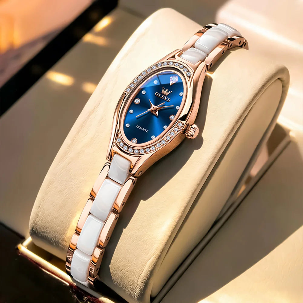 Reloj de cuarzo para mujer OLEVS 7131 con correa de porcelana, resistente al agua 30m, esfera con diamantes exquisitos y diseño elegante de moda