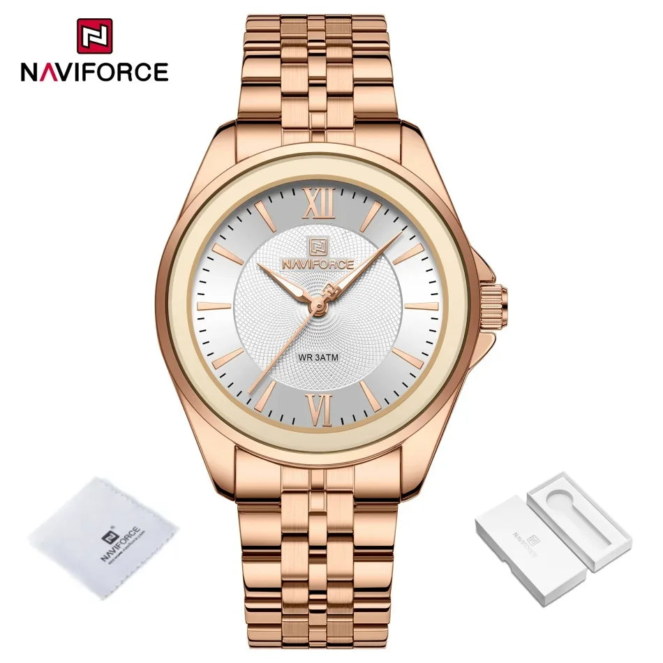 Reloj NAVIFORCE para mujer, creativo, con correa de acero inoxidable, a la moda, elegante, de cuarzo, resistente al agua 30m, reloj de pulsera femenino